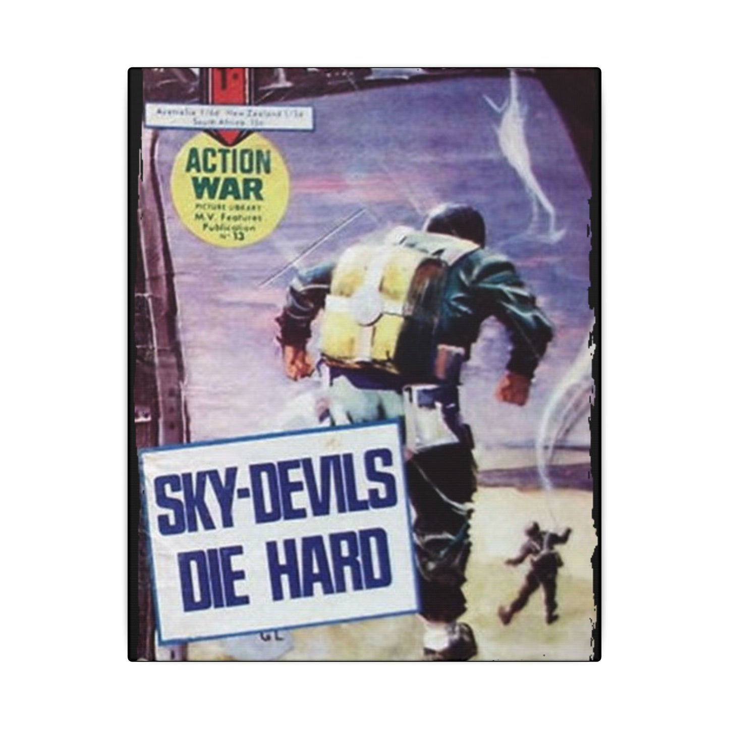 Close-up of the canvas material’s textured surface and vibrant printed colors, highlighting the detailed artwork of Action