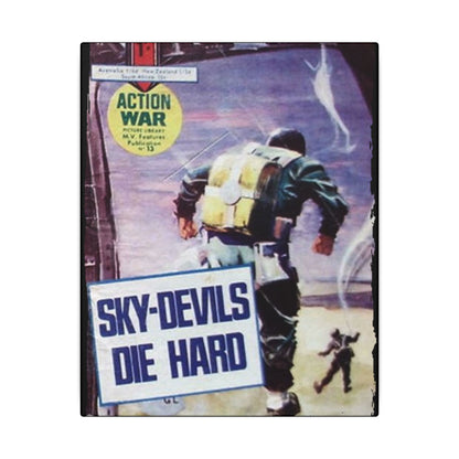 Close-up of the canvas material’s textured surface and vibrant printed colors, highlighting the detailed artwork of Action