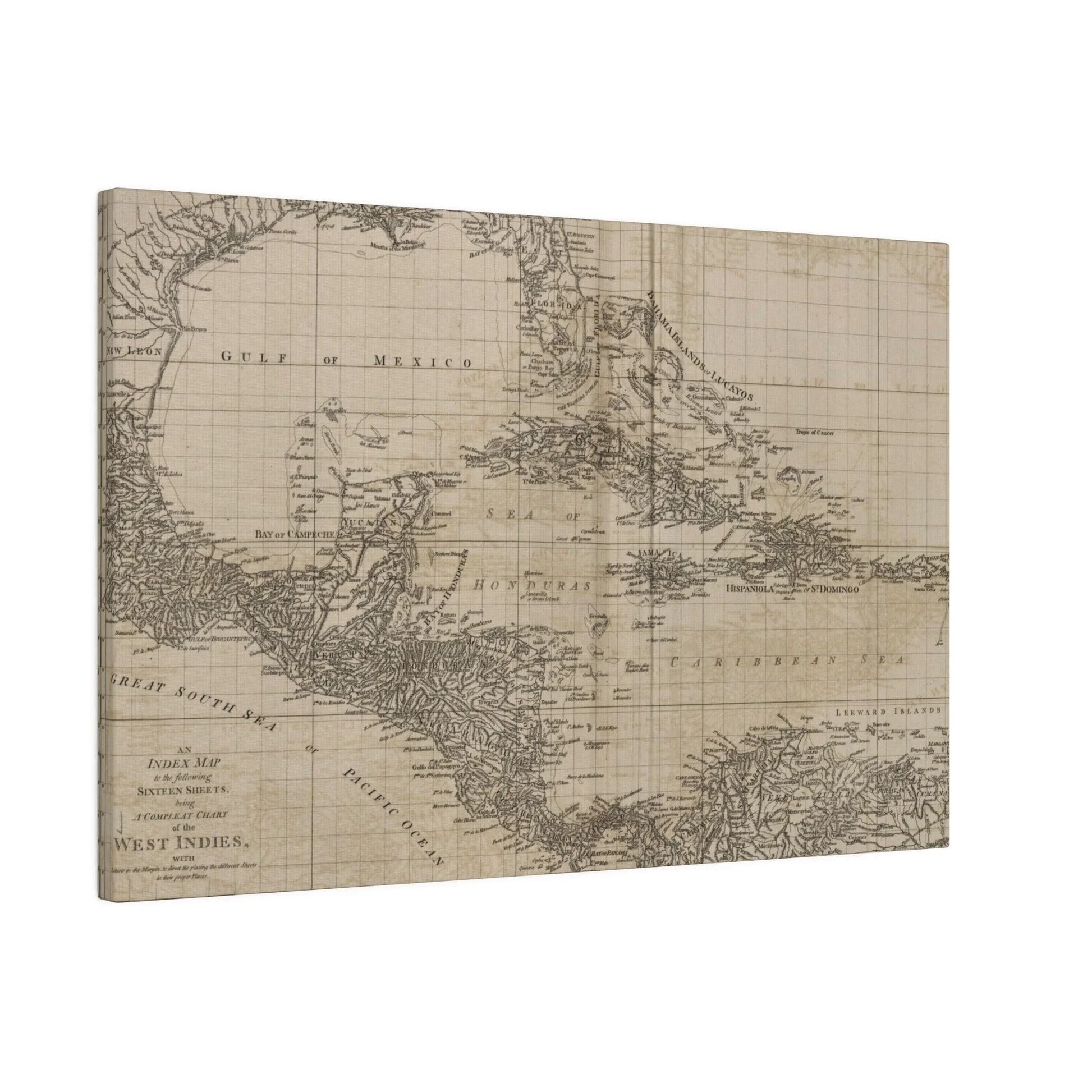 Close-up of the vibrant West Indies map detail with textured canvas finish and intricate island labels from an overhead