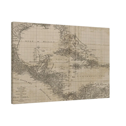 Close-up of the vibrant West Indies map detail with textured canvas finish and intricate island labels from an overhead