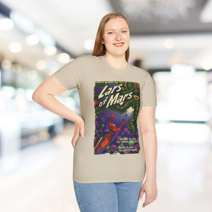 Close-up of the unisex softstyle fabric texture and vibrant dark navy color, highlighting the smooth cotton-blend material