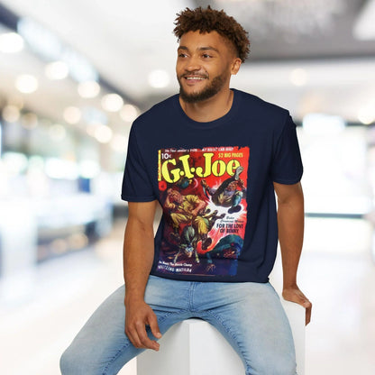 Close-up of the G.I. Joe No.11 softstyle T-shirt fabric showing smooth black cotton texture and subtle stitching details.