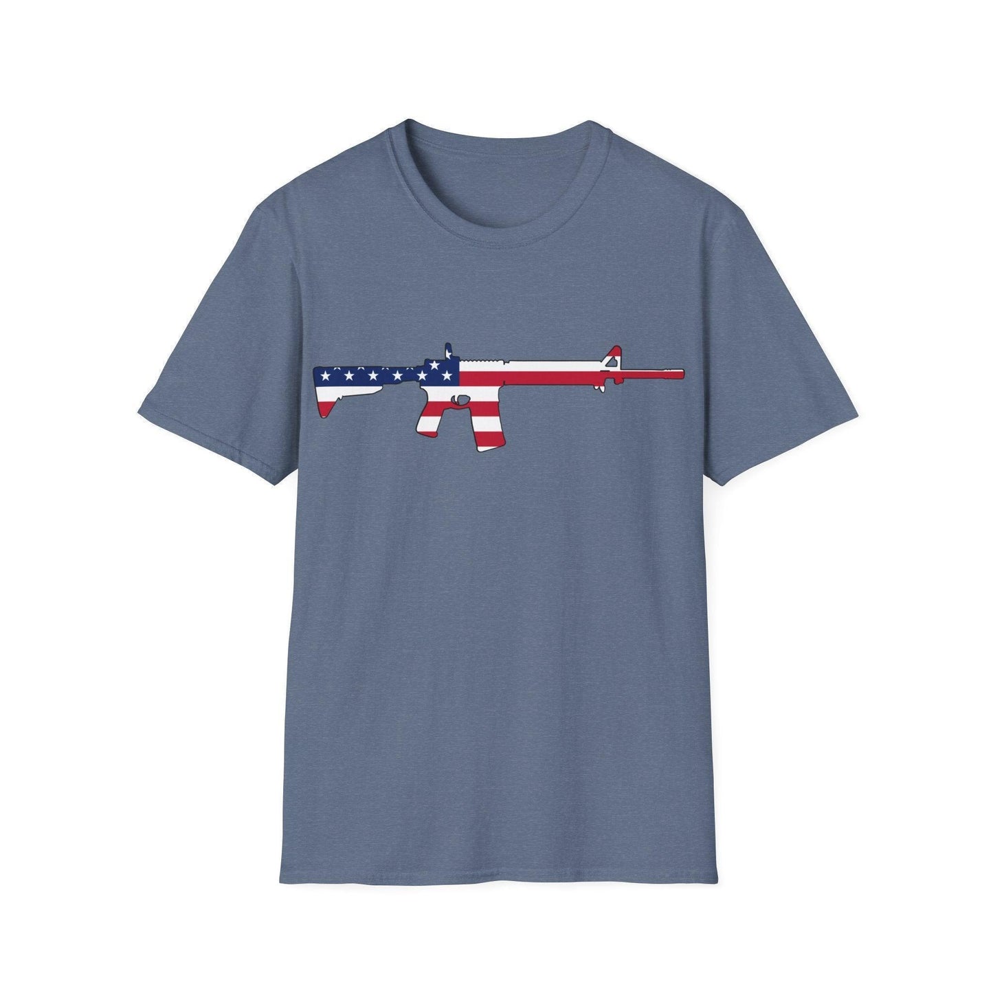 Close-up of the unisex relaxed fit T-shirt’s collar displaying the vibrant American flag color pattern and soft fabric