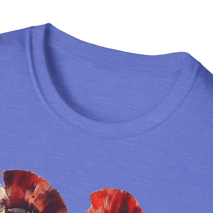 Close-up of the Ancient Warrior 2 T-shirt’s chest embroidery detail in slate gray, highlighting the soft cotton fabric and