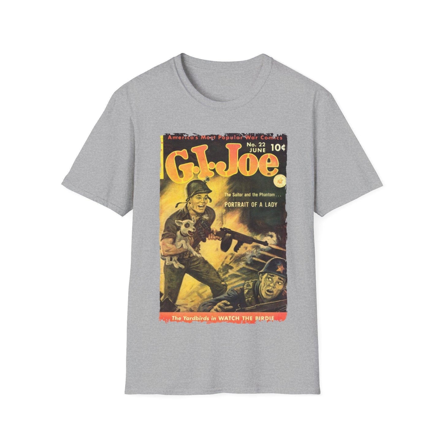 Close-up of the G.I. Joe No.22 softstyle T-shirt collar revealing the ribbed neckline and subtle fabric texture in vibrant