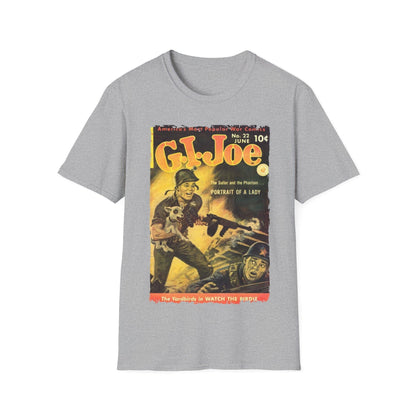 Close-up of the G.I. Joe No.22 softstyle T-shirt collar revealing the ribbed neckline and subtle fabric texture in vibrant