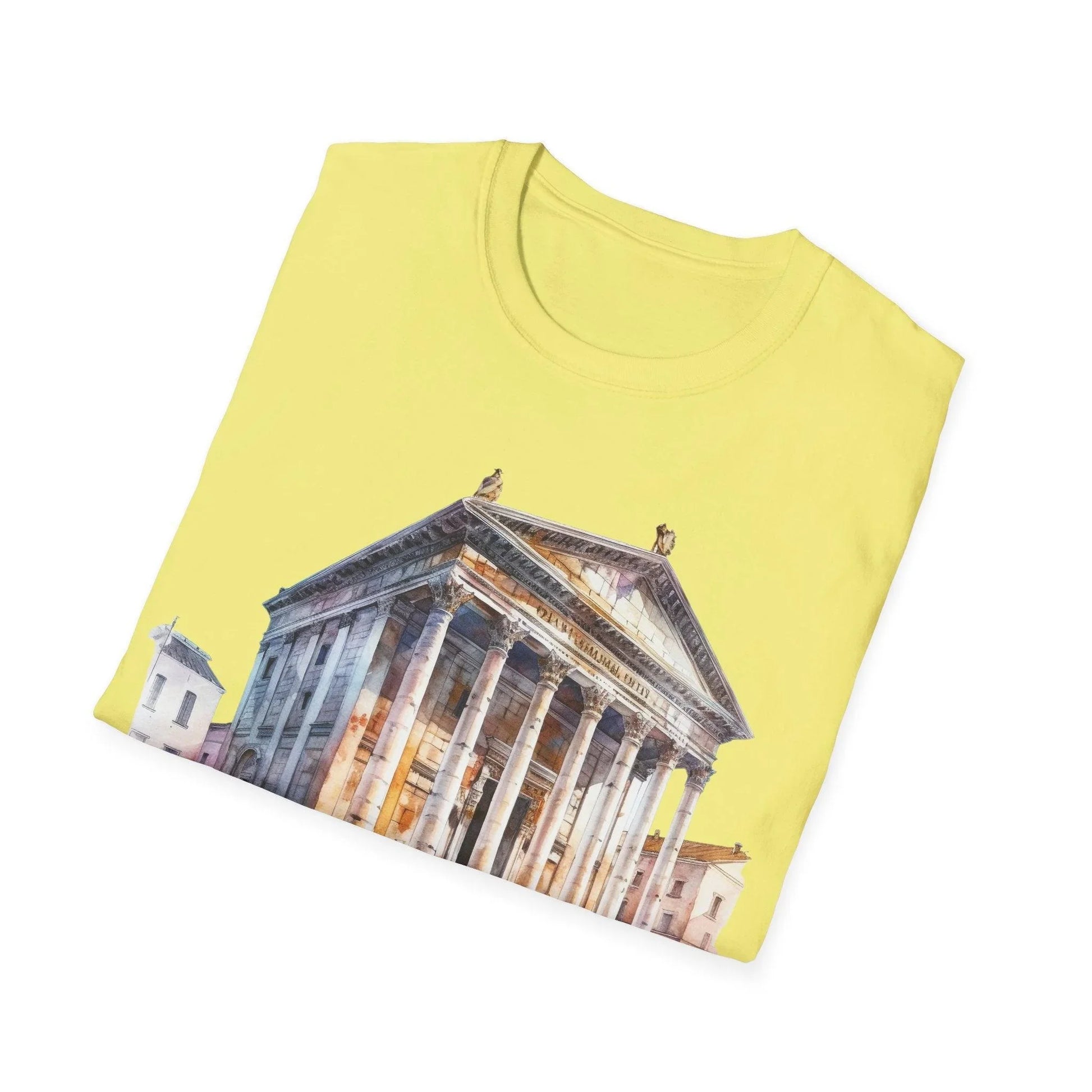 Close-up of the unisex softstyle T-shirt neckline highlighting smooth seams and subtle stitching in vibrant crimson color.