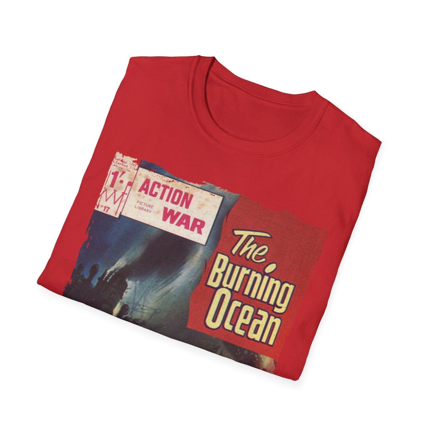 Close-up of the unisex softstyle T-shirt neckline showing reinforced stitching and smooth fabric texture in navy blue