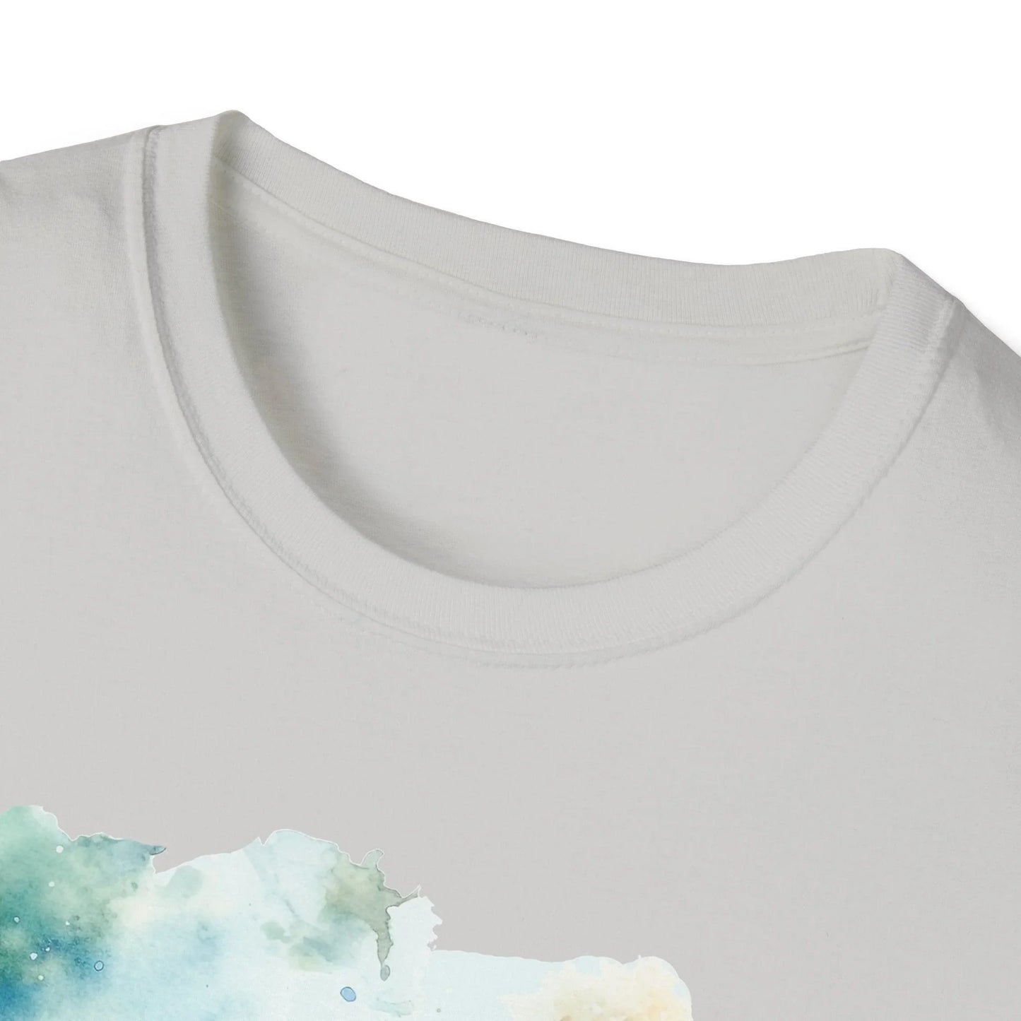 Close-up of the unisex softstyle T-shirt’s collar showing the smooth fabric texture and reinforced neckline stitching in