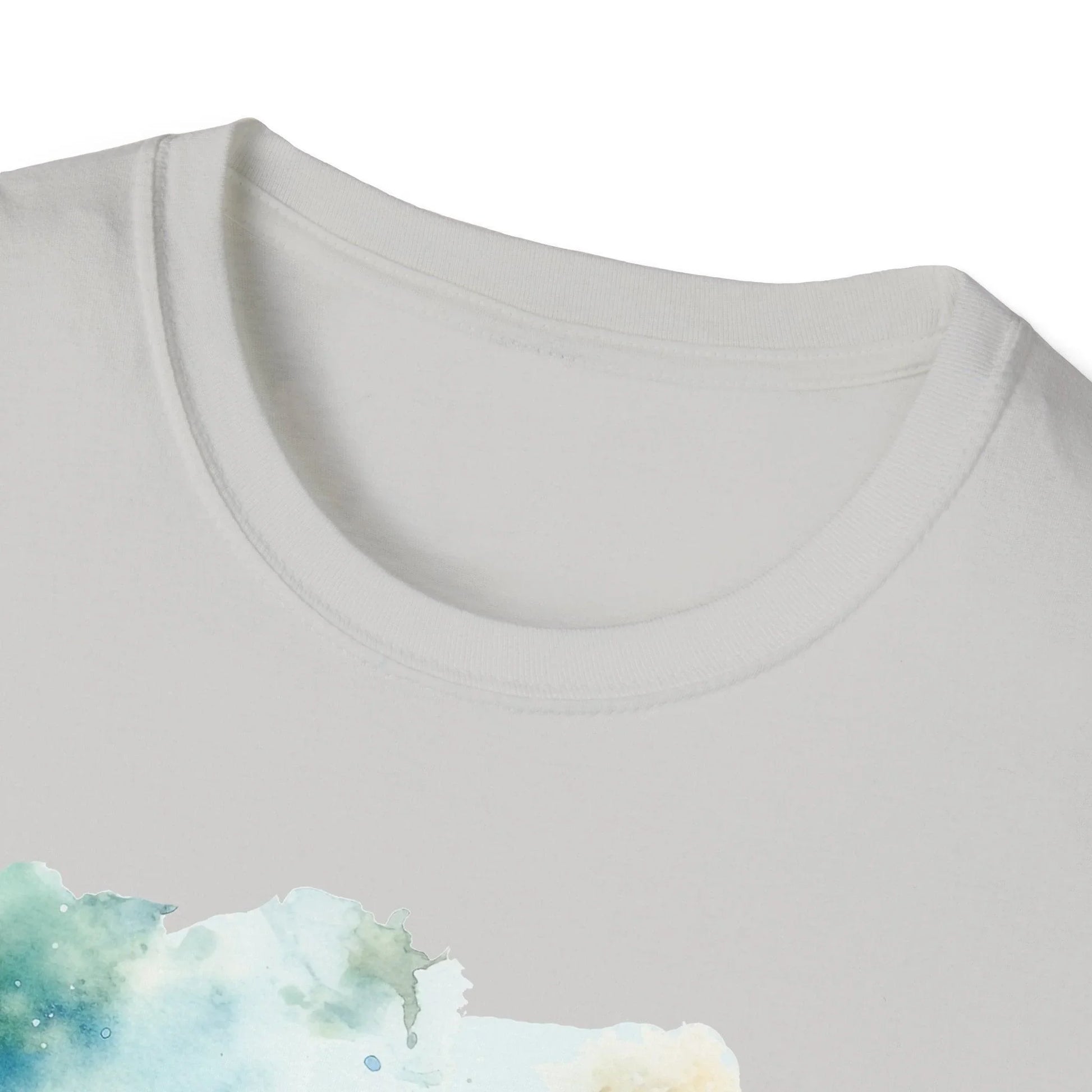 Close-up of the unisex softstyle T-shirt’s collar showing the smooth fabric texture and reinforced neckline stitching in