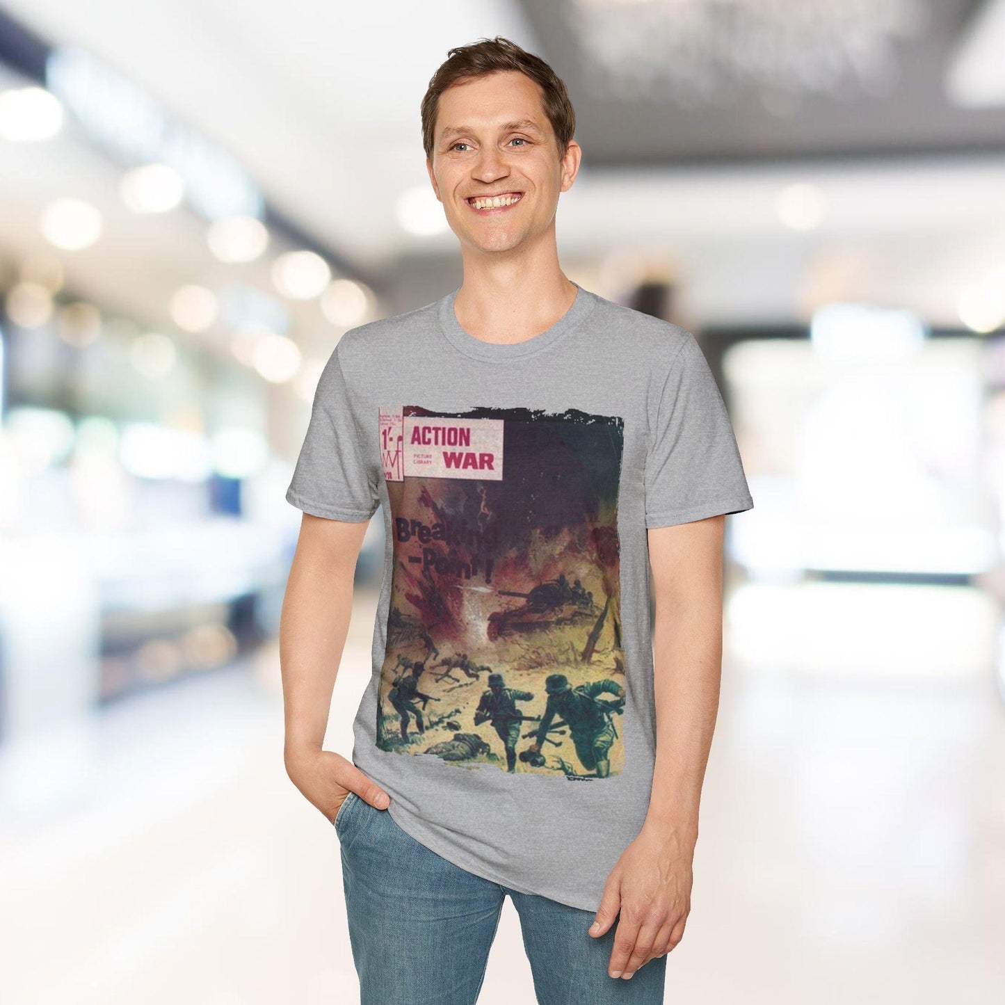 Close-up of the unisex softstyle T-shirt's breathable cotton fabric, showing the subtle heathered texture and relaxed fit