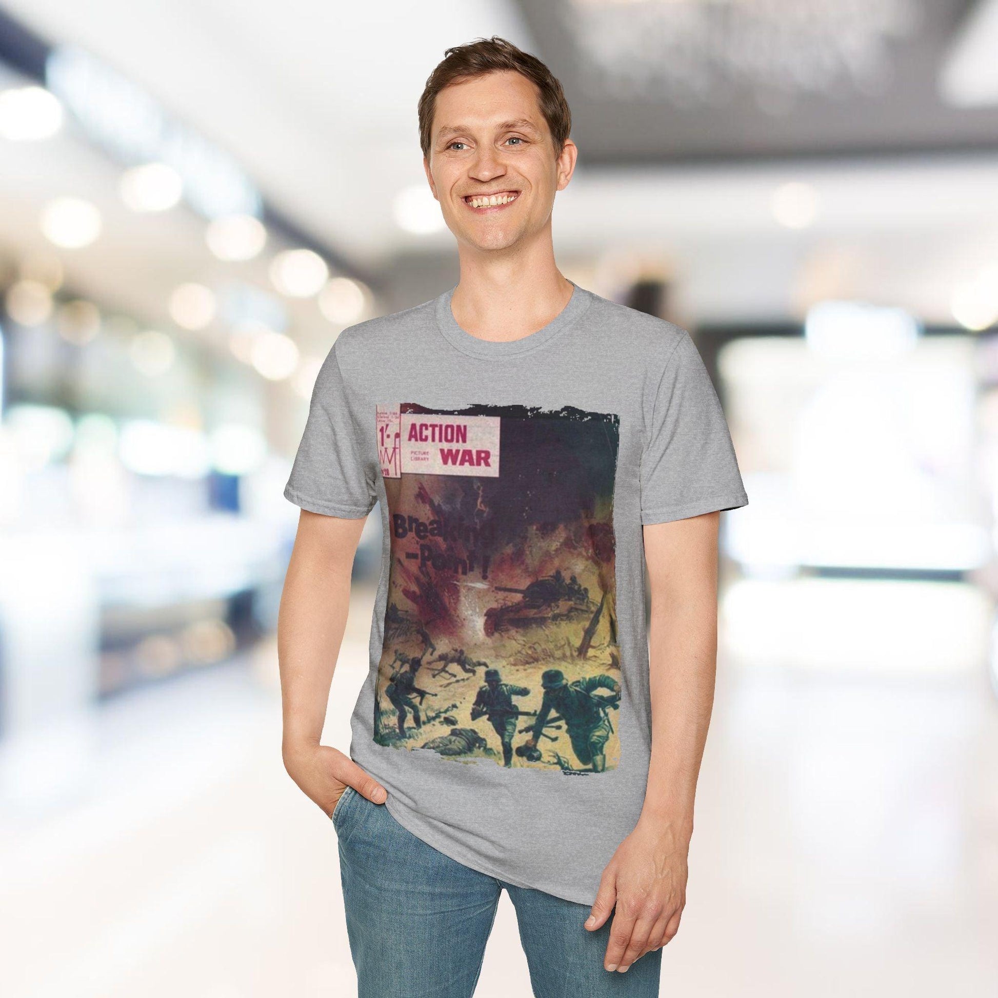 Close-up of the unisex softstyle T-shirt's breathable cotton fabric, showing the subtle heathered texture and relaxed fit