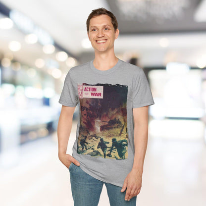 Close-up of the unisex softstyle T-shirt's breathable cotton fabric, showing the subtle heathered texture and relaxed fit