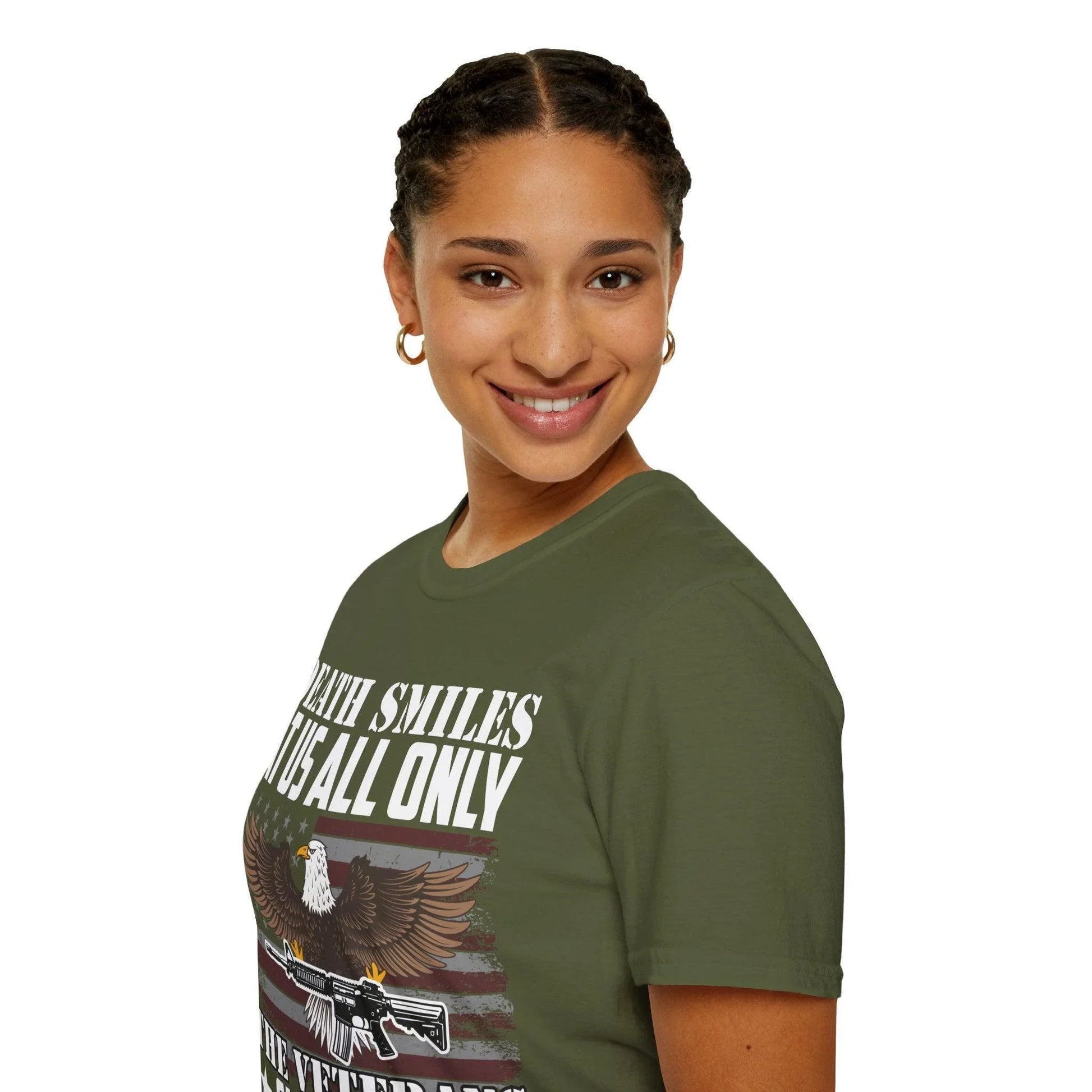 Close-up of the Death Smiles unisex T-shirt collar showing slim fit, soft cotton fabric, and reinforced stitching detail.