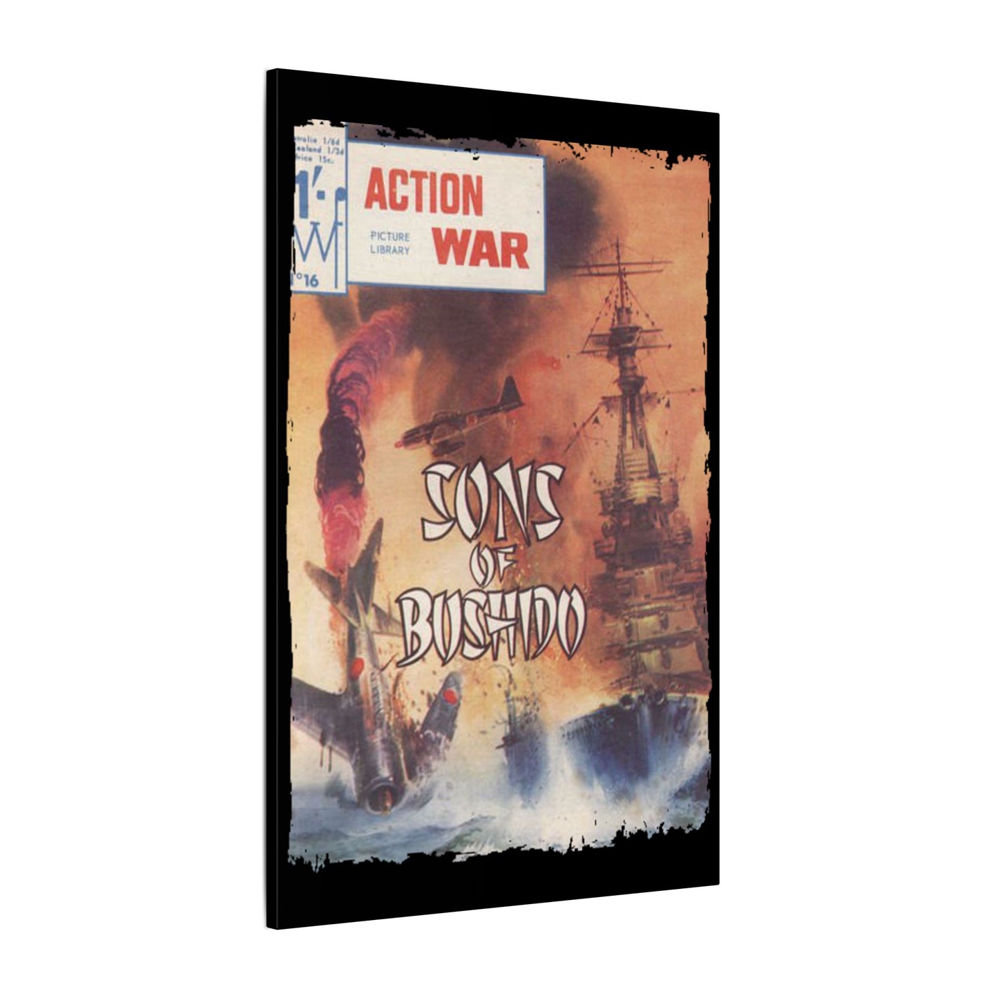 Close-up of the canvas texture on the Action War #16 print showing vibrant colors and fine brushstroke details