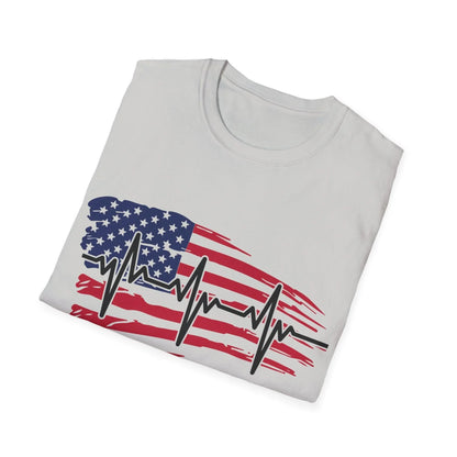 Close-up of the distressed American flag heartbeat print on unisex softstyle T-shirt's chest area, showcasing textured