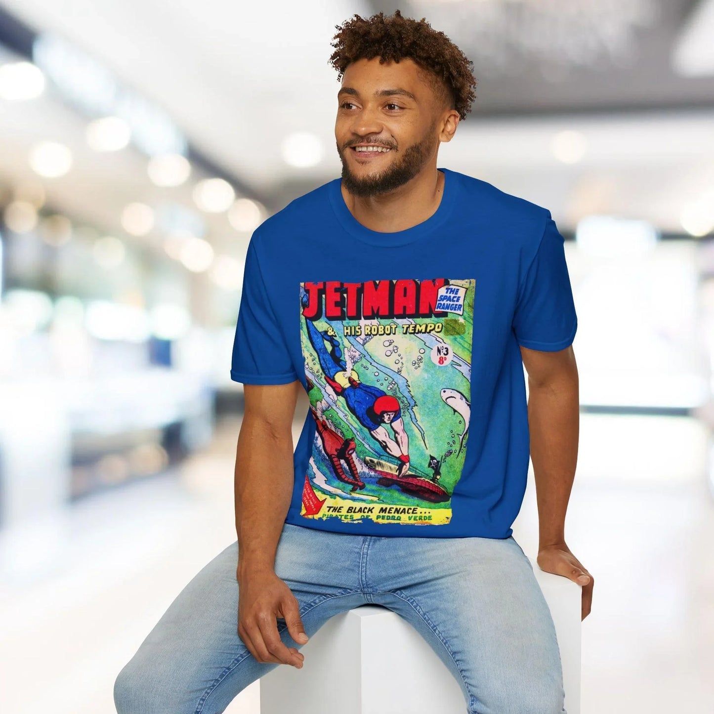 Close-up of the Jetman No.3 unisex softstyle T-shirt fabric showing smooth, relaxed fit in deep navy color with subtle