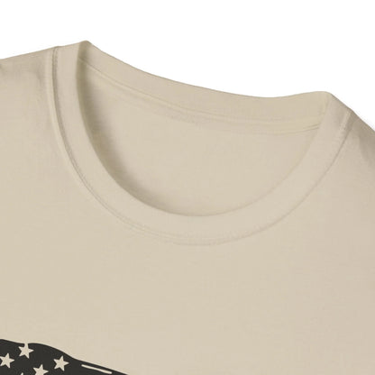 Close-up of the distressed black and white flag heartbeat graphic on the front chest area of the unisex softstyle T-shirt