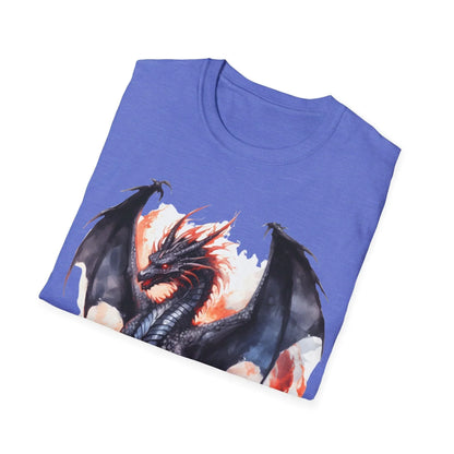 Close-up of the soft cotton fabric and subtle dragon illustration on the relaxed fit, slate gray unisex T-shirt neckline