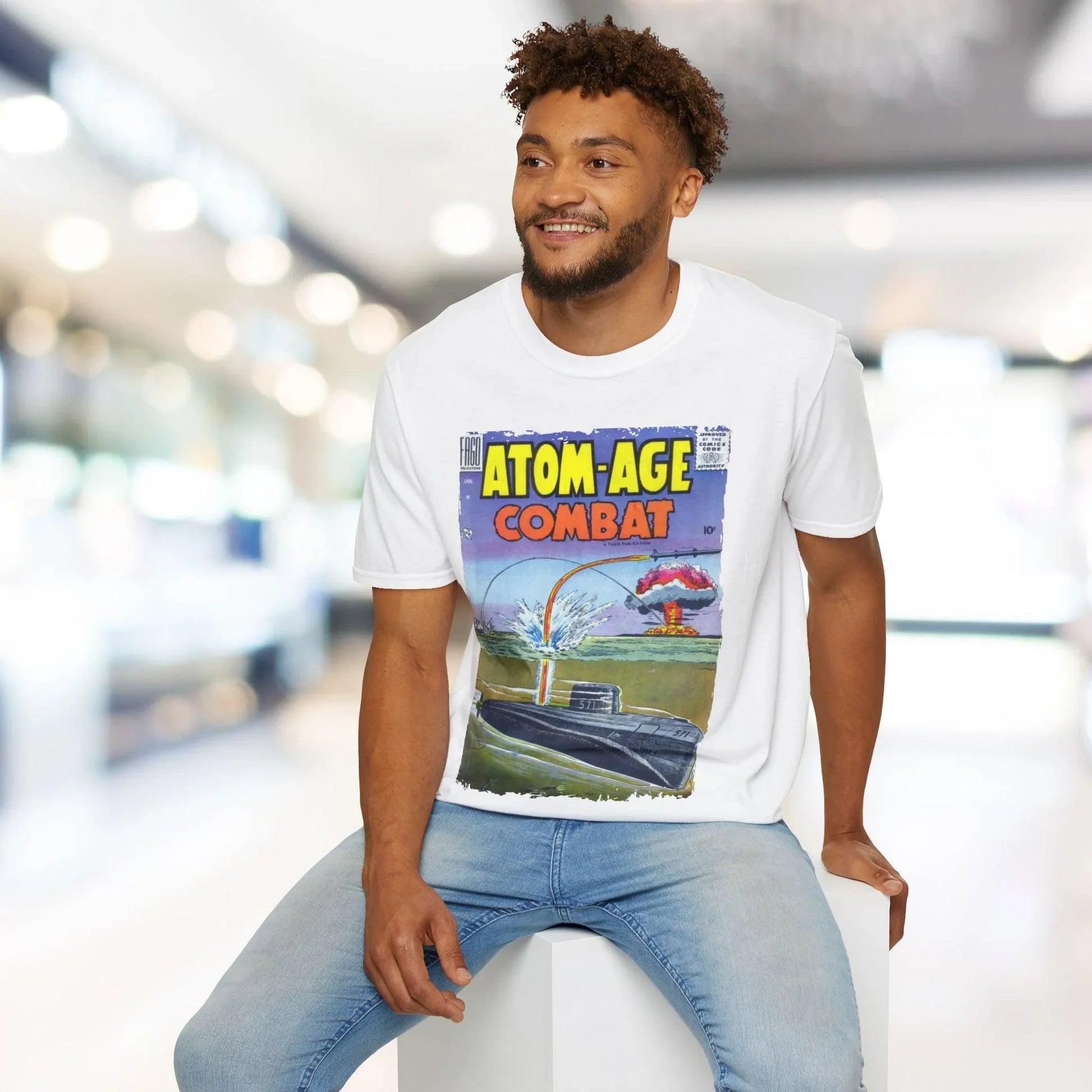 Close-up of the Atom-Age Combat No.2 T-shirt's collar detail, showing soft elastic neckline and subtle stitching on classic