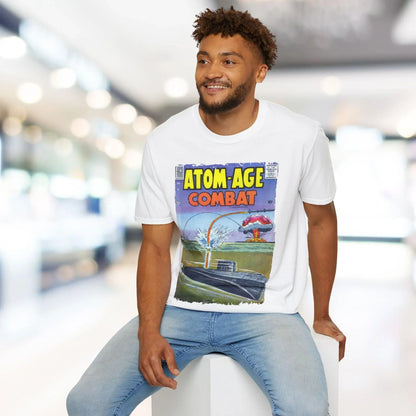 Close-up of the Atom-Age Combat No.2 T-shirt's collar detail, showing soft elastic neckline and subtle stitching on classic