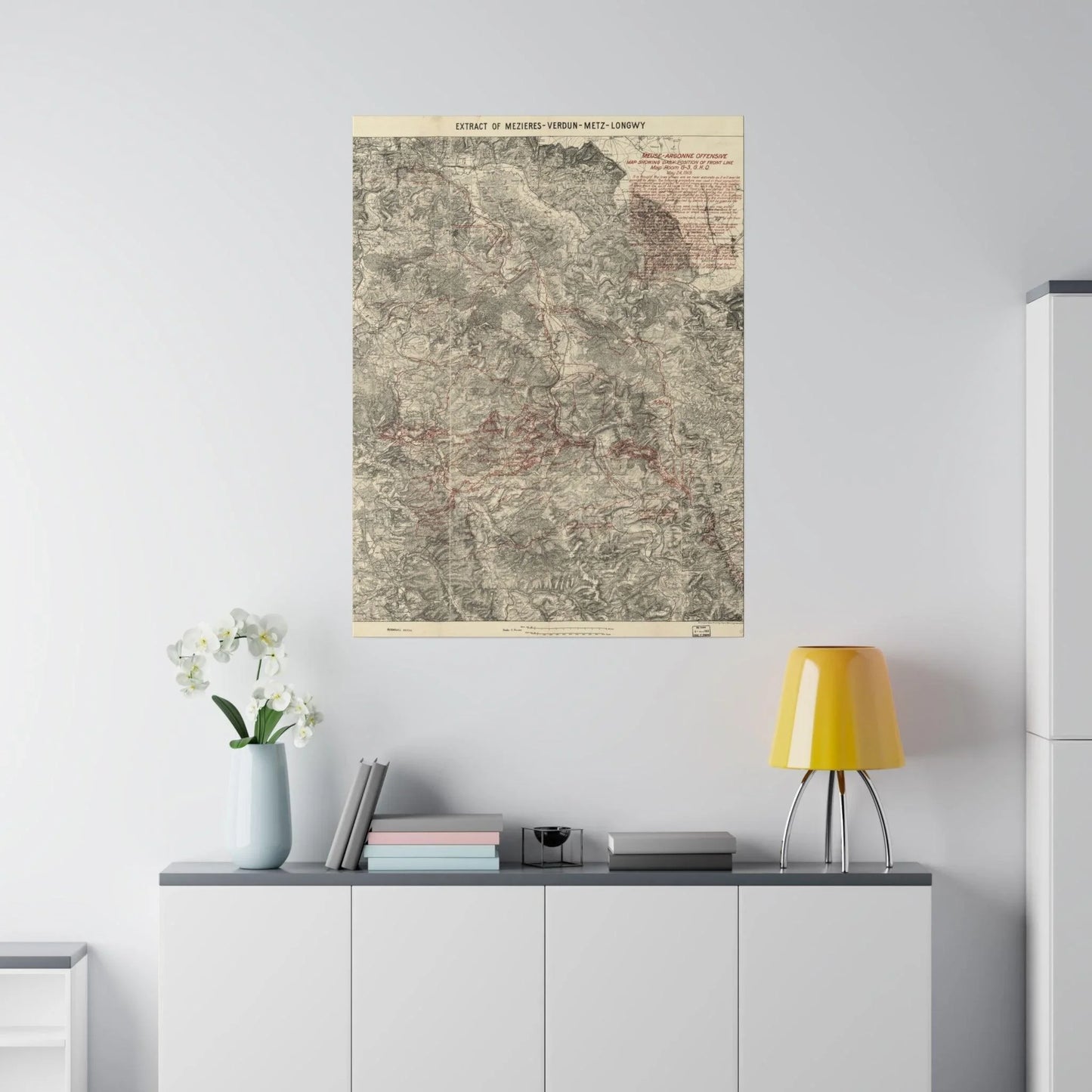 Detailed close-up of the map's textured canvas surface highlighting weathered print and subtle color variations