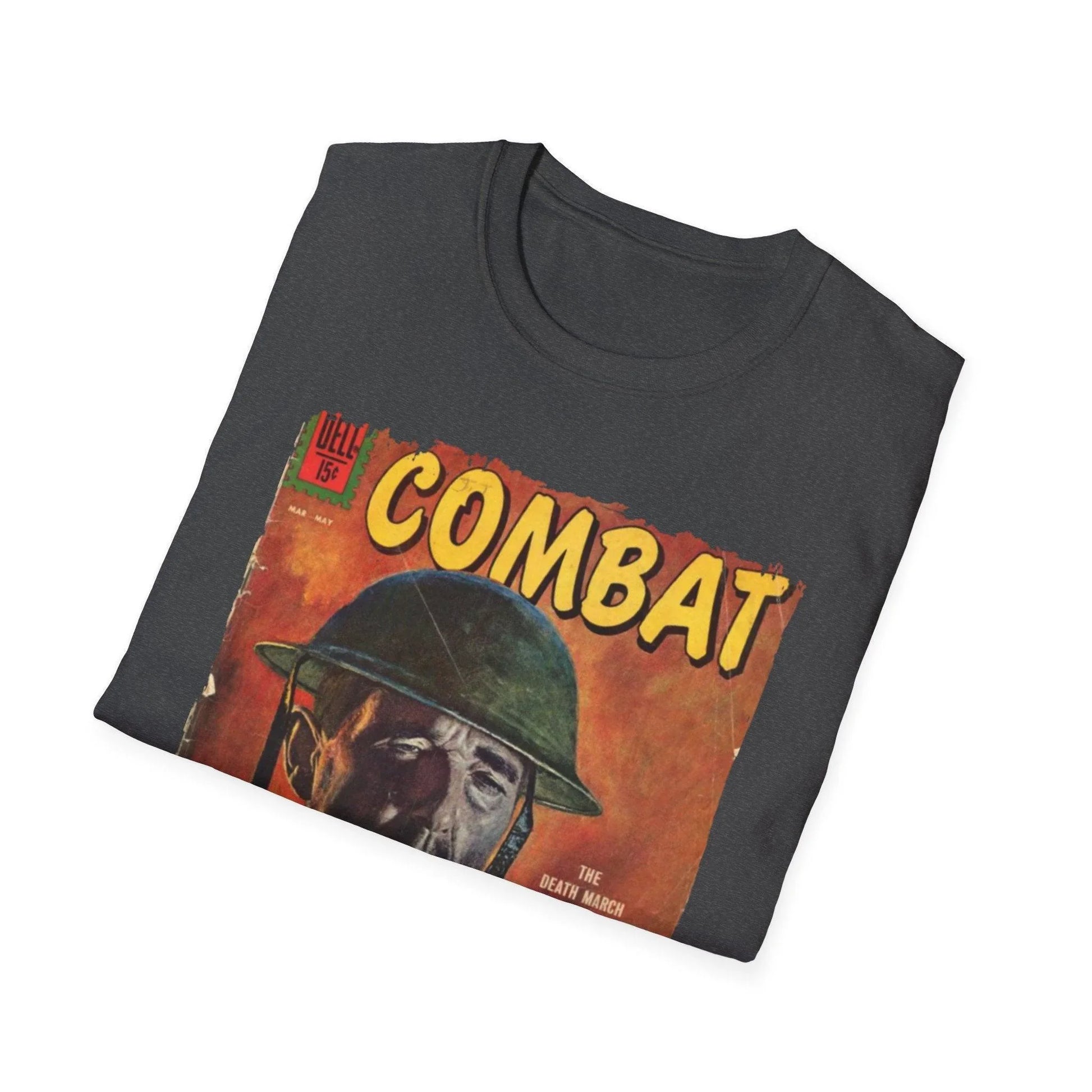 Close-up of the unisex softstyle fabric’s smooth texture and vibrant navy color, highlighting the relaxed fit neckline and