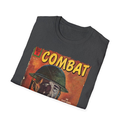 Close-up of the unisex softstyle fabric’s smooth texture and vibrant navy color, highlighting the relaxed fit neckline and