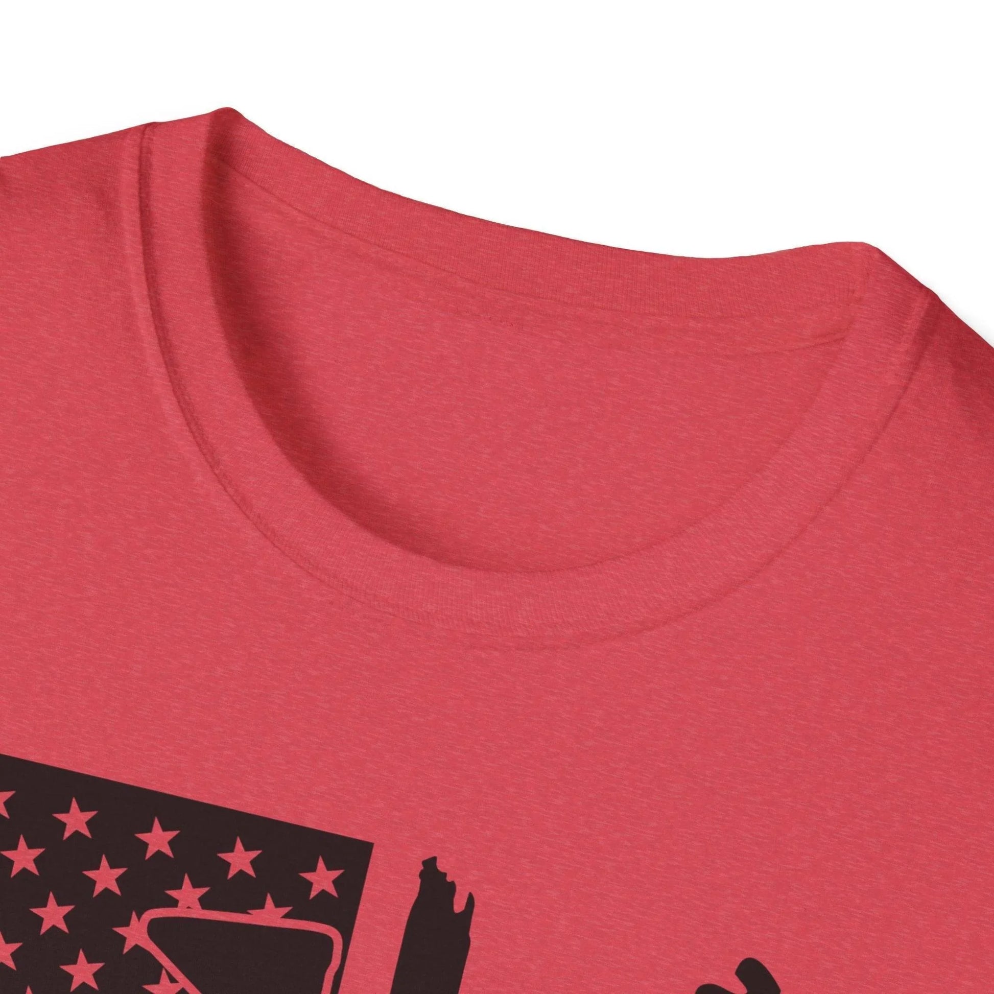 Close-up of the distressed black-and-white American flag print on the relaxed fit, crew neck cotton T-shirt showing textured