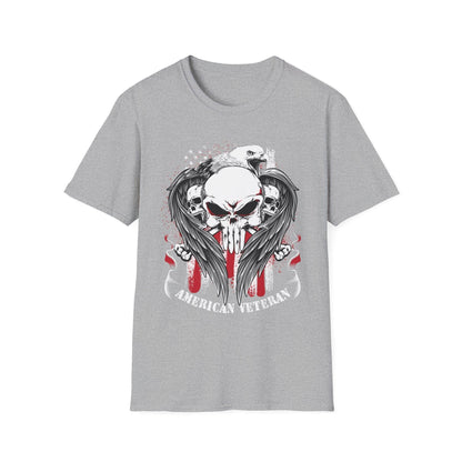Close-up of the American Veteran unisex softstyle T-shirt’s relaxed fit collar and soft cotton-blend fabric showing subtle