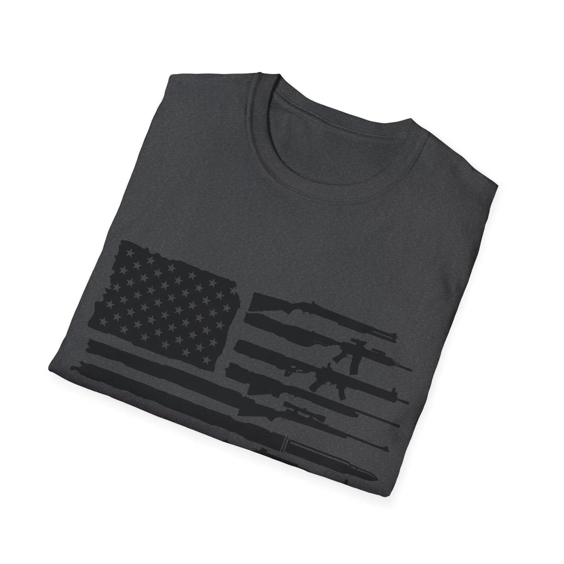 Close-up of the T-shirt’s black-and-white American flag print on soft cotton fabric, showcasing detailed stars and stripes