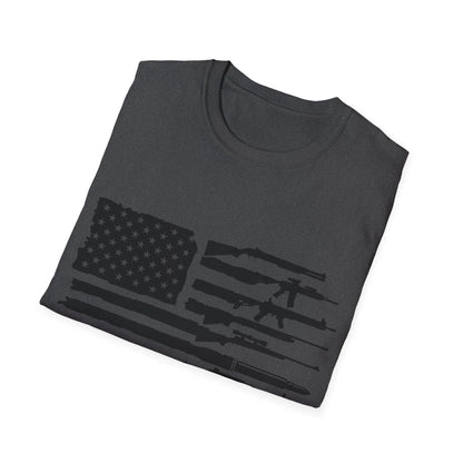 Close-up of the T-shirt’s black-and-white American flag print on soft cotton fabric, showcasing detailed stars and stripes