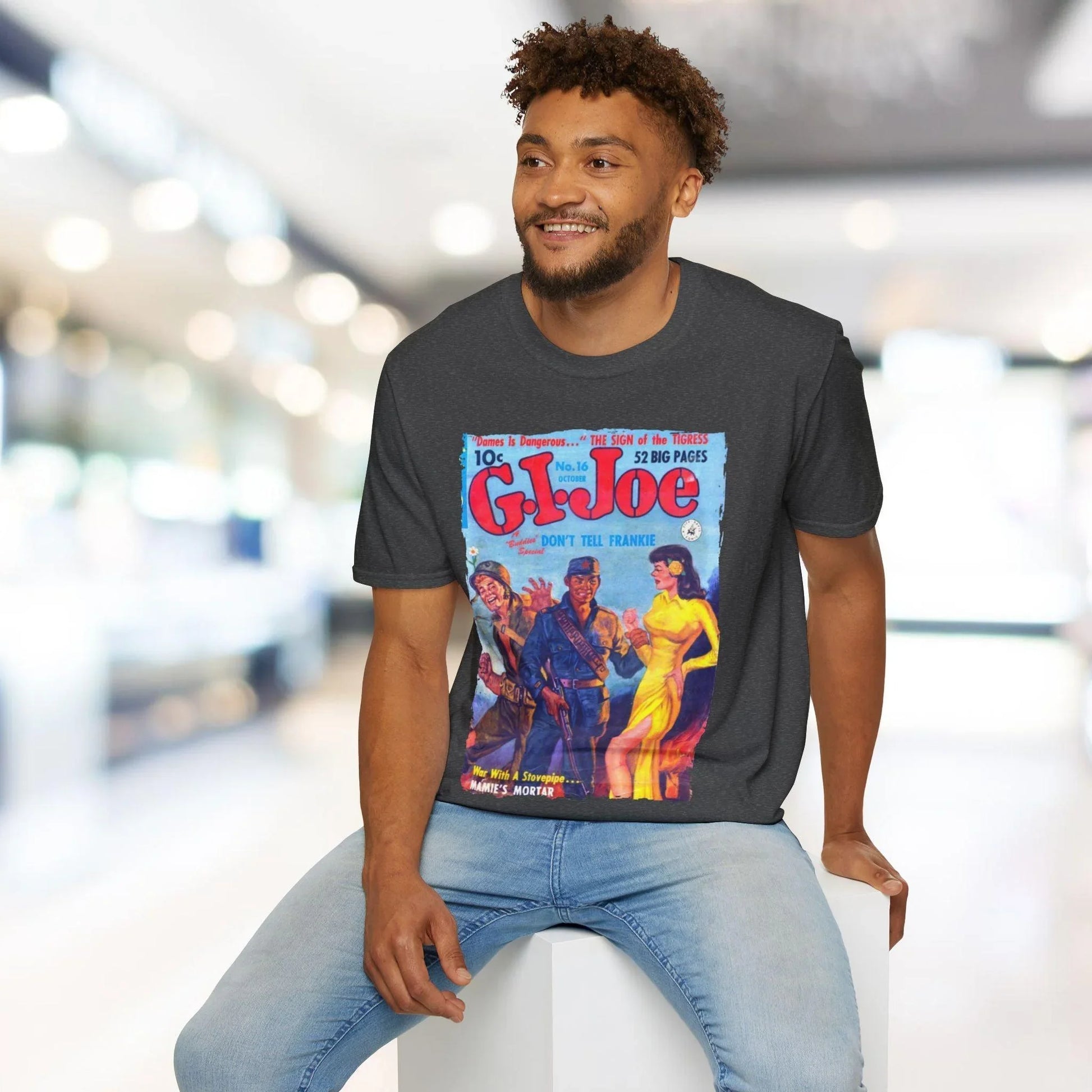 Close-up of the G.I. Joe No.16 softstyle tee's relaxed fit and vibrant navy color, displaying the fabric's smooth texture