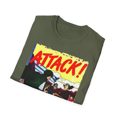 Close-up of the Attack! No. 7 unisex softstyle T-shirt's lightweight cotton fabric folded to showcase its relaxed fit and