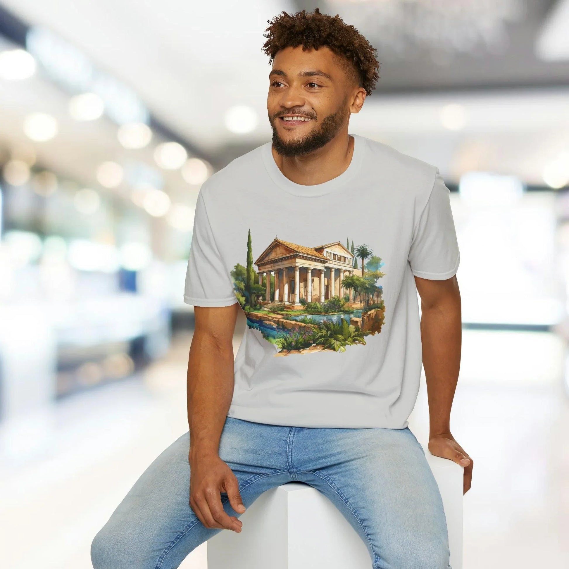 Close-up of the unisex softstyle T-shirt collar featuring smooth stitching and a subtle brand tag at the neckline in vibrant