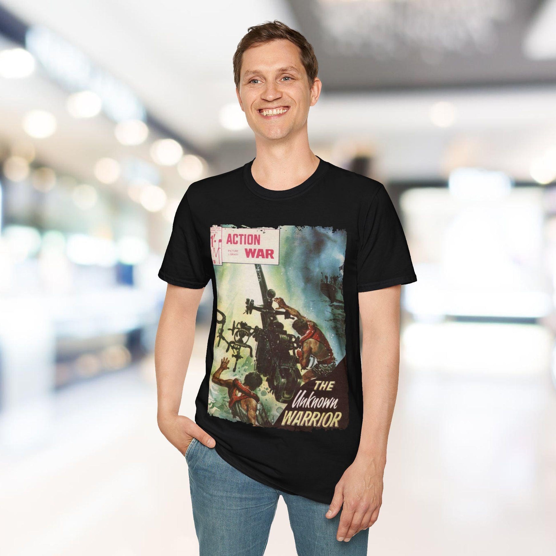 Close-up of the soft cotton fabric and inset care label on the unisex fit, heather navy T-shirt showing detailed stitching