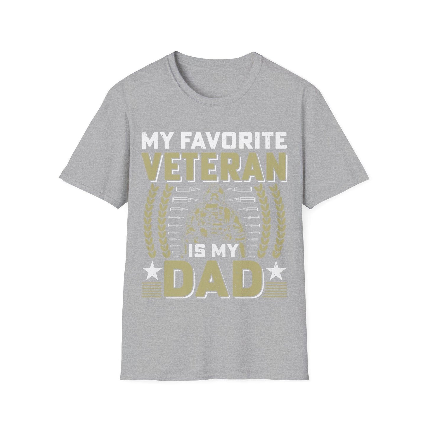 Close-up of the unisex softstyle fabric displaying vibrant "Favorite Veteran - Dad" print on relaxed-fit olive green T-shirt