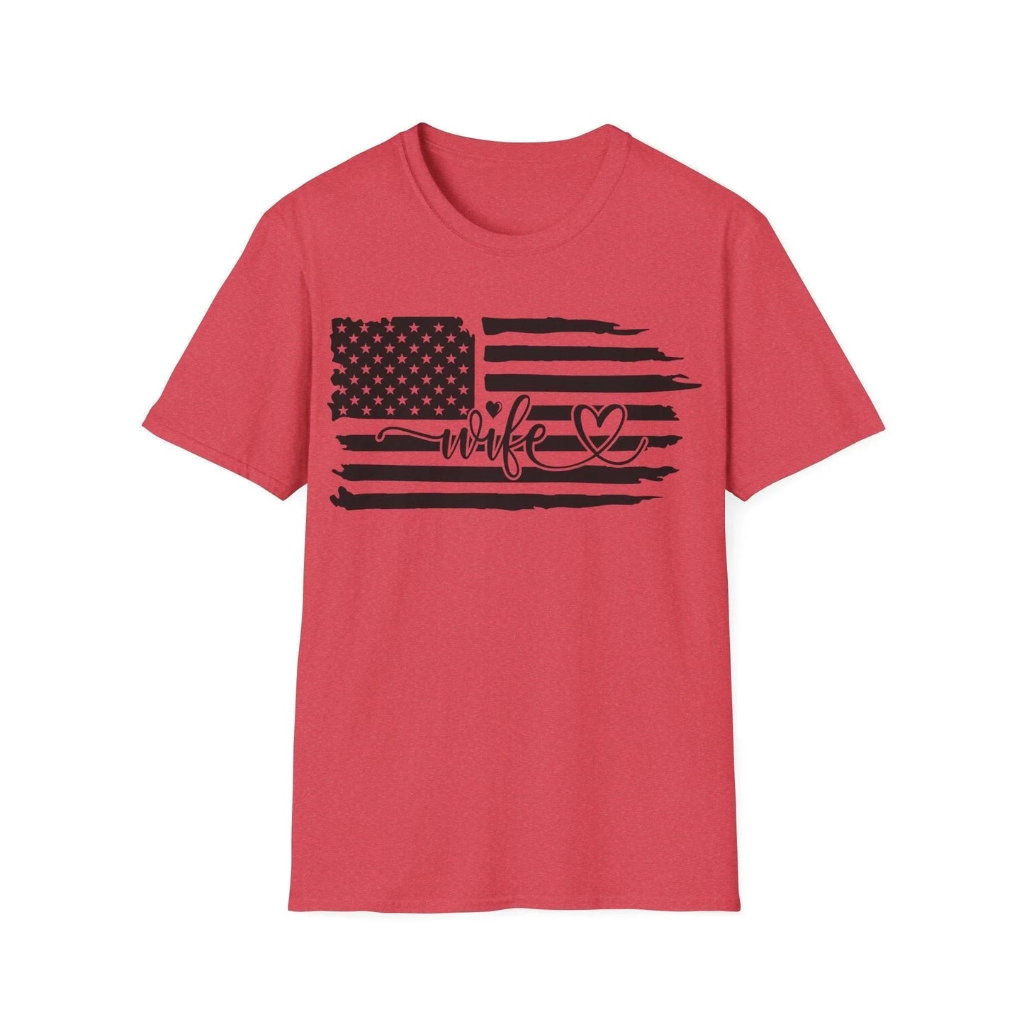 Close-up of distressed American flag black and white graphic on unisex softstyle T-shirt’s sleeve hem detail
