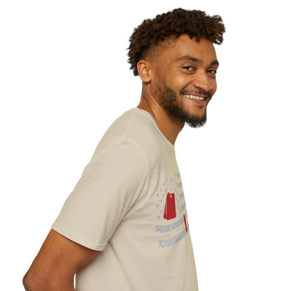 Close-up of the soft cotton fabric with visible stitching detail on the heather navy T-shirt rear neckline