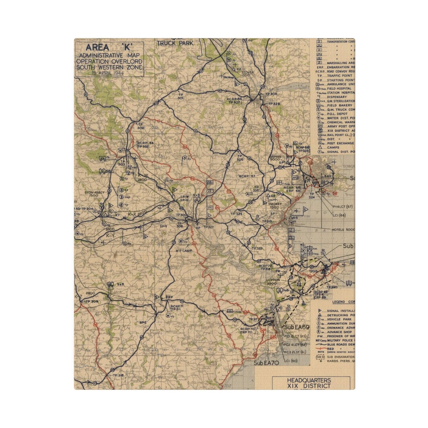 Close-up of detailed map labels and hand-drawn terrain markings on the Southwest Zone section from Operation Overlord map