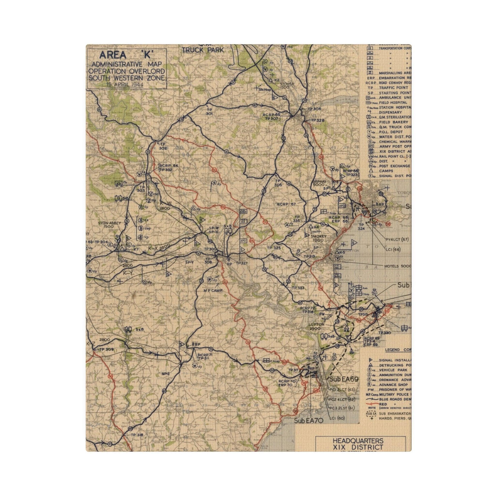 Close-up of detailed map labels and hand-drawn terrain markings on the Southwest Zone section from Operation Overlord map
