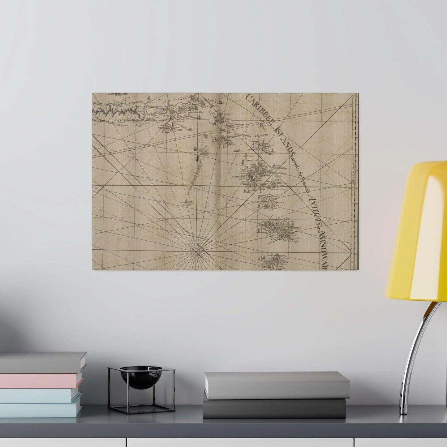 Close-up of the canvas material's textured surface highlighting the vibrant Caribbean island map details and colorful