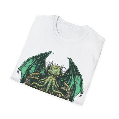 Close-up of Cthulhu graphic detailing tentacle textures and vibrant green ink on forest green softstyle fabric, showing