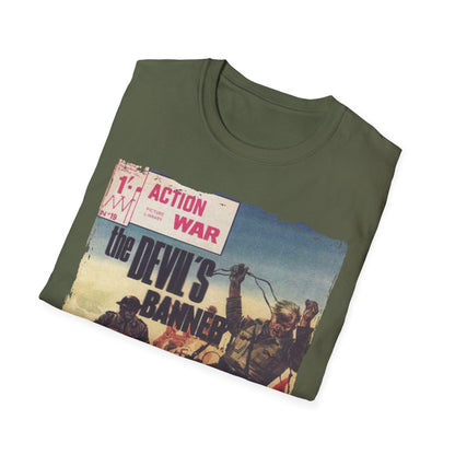 Close-up of the unisex softstyle T-shirt’s lightweight black fabric showcasing subtle heather texture and relaxed fit