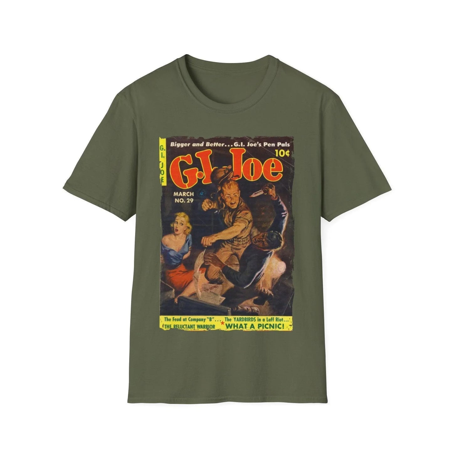 Close-up of the G.I. Joe No.29 T-shirt neckline showing reinforced stitching and smooth seam finish in charcoal gray cotton