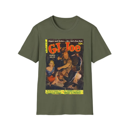 Close-up of the G.I. Joe No.29 T-shirt neckline showing reinforced stitching and smooth seam finish in charcoal gray cotton