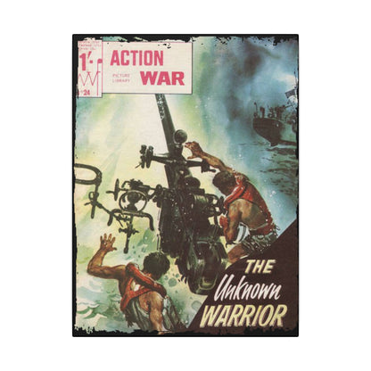 Close-up of the Action War #24 comic's canvas texture highlighting vibrant colors and detailed ink lines at a slight angle.