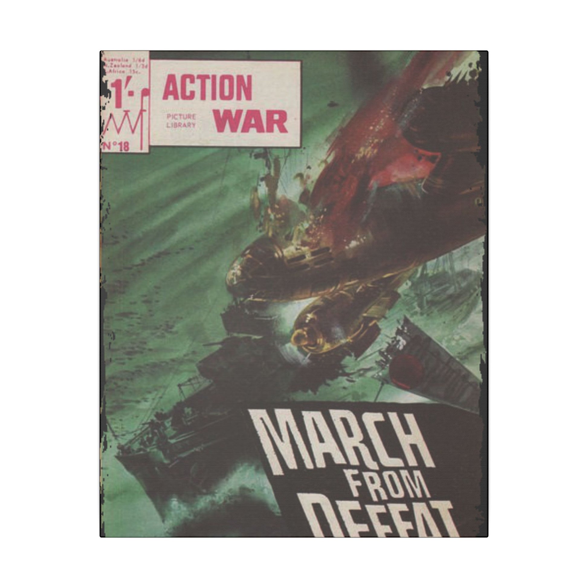 Close-up of the textured canvas surface highlighting vibrant colors and fine brushstroke details of Action War #18 comic