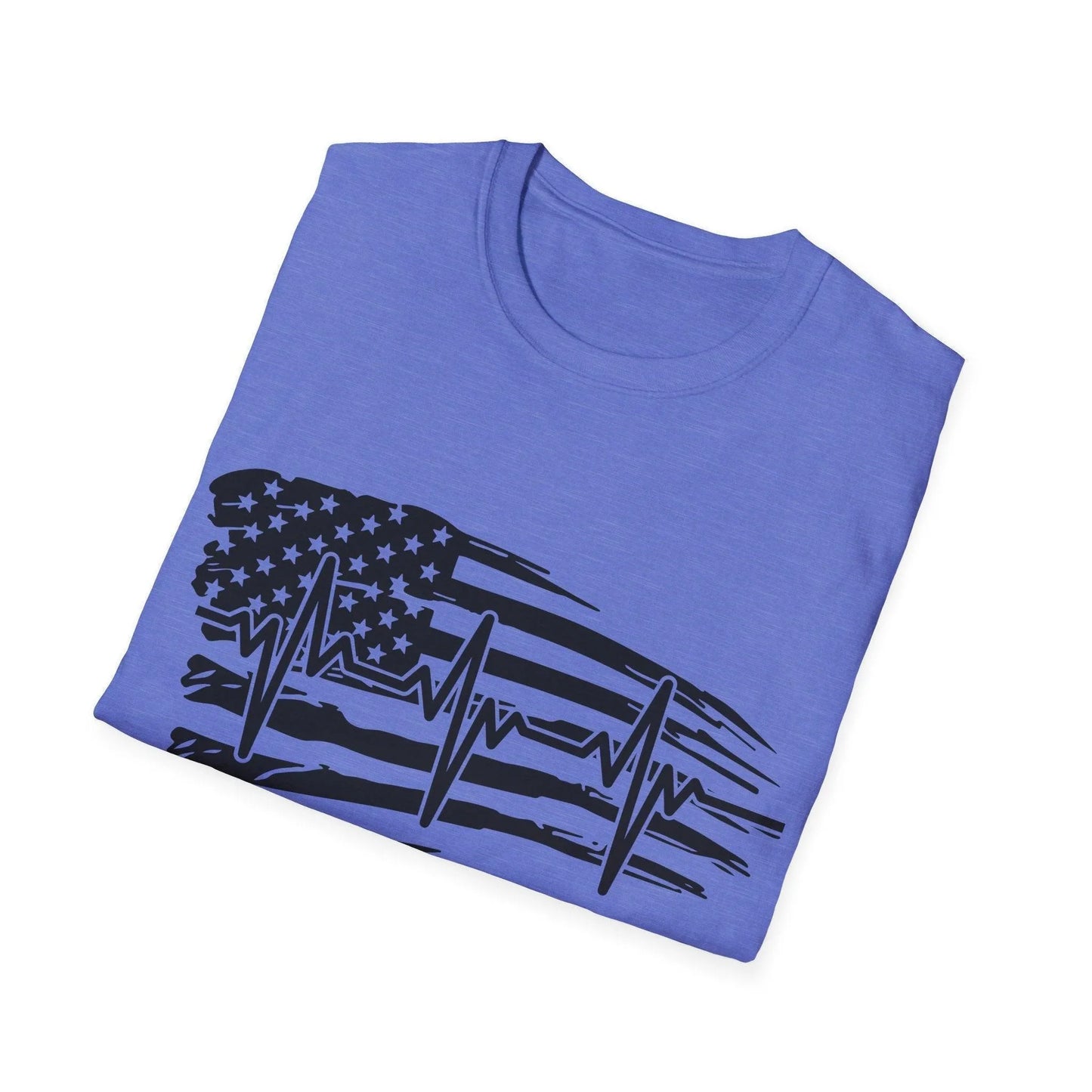 Close-up of the distressed black and white flag heart rate graphic on the chest area highlighting the vintage print detail