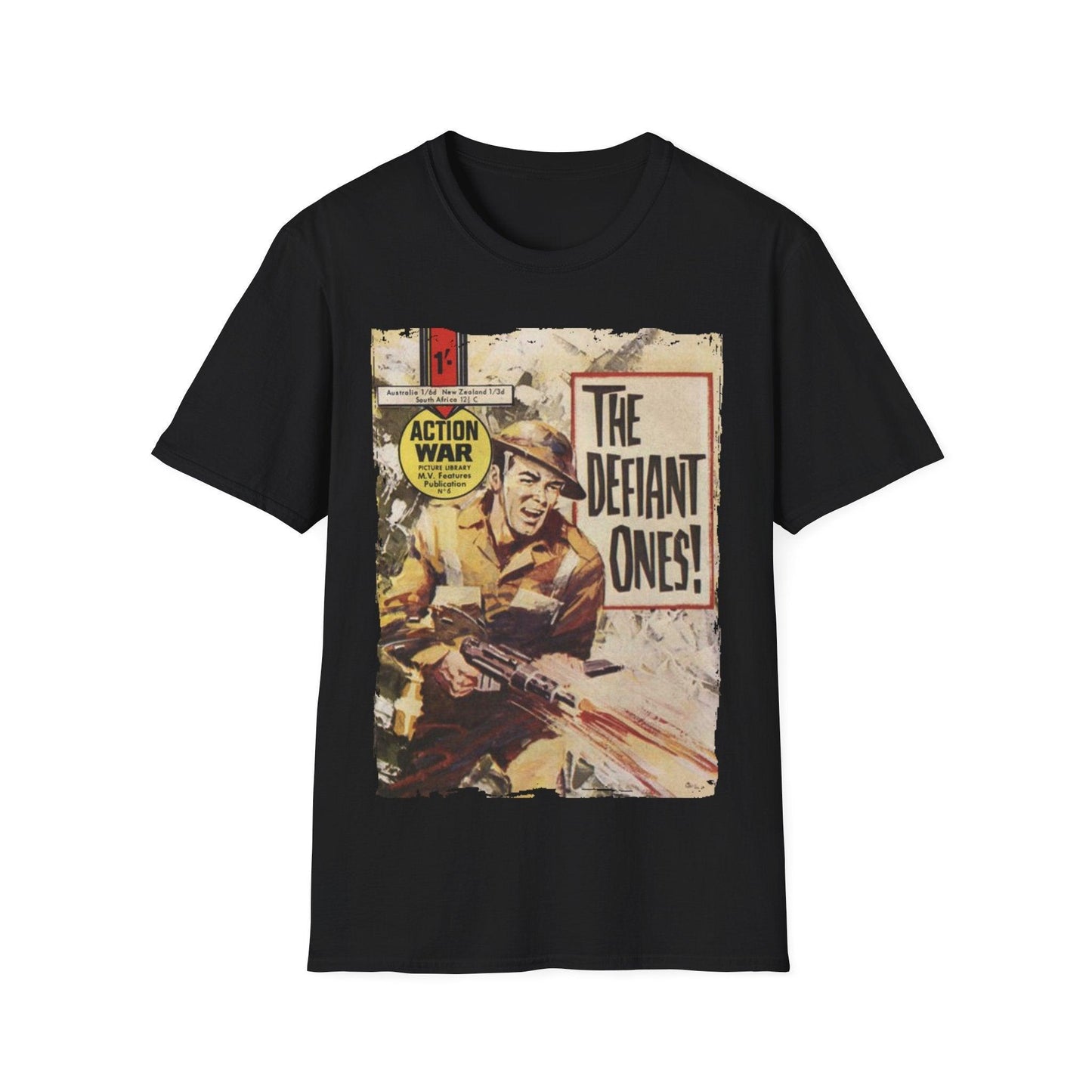 Printify Action War #6 unisex softstyle cotton crew neck T-shirt, regular fit, graphic print, black color, DTG printed fabric